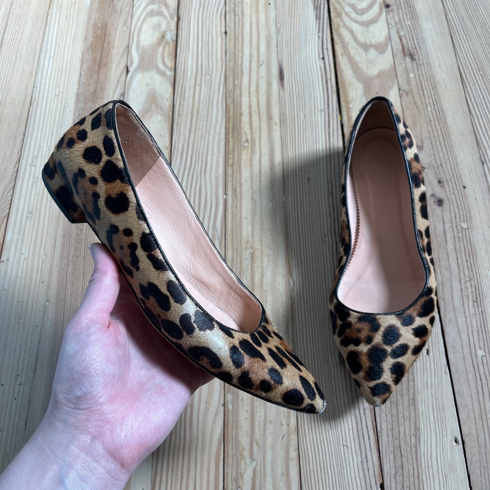 J.Crew Leopard Calf Hair Pointed Toe Flats Womens 7.5 Brown Animal Print Heel